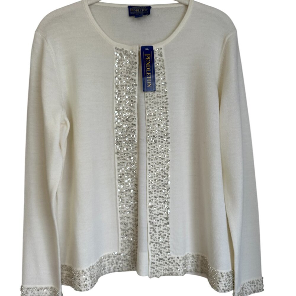Pendleton ivory beaded sequin wool blend cardigan NWT Sz M